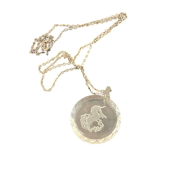 Vintage Crystal Unicorn Etched Glass Pendant Necklace With Fine Chain 18'' Sterl - Picture 1 of 5
